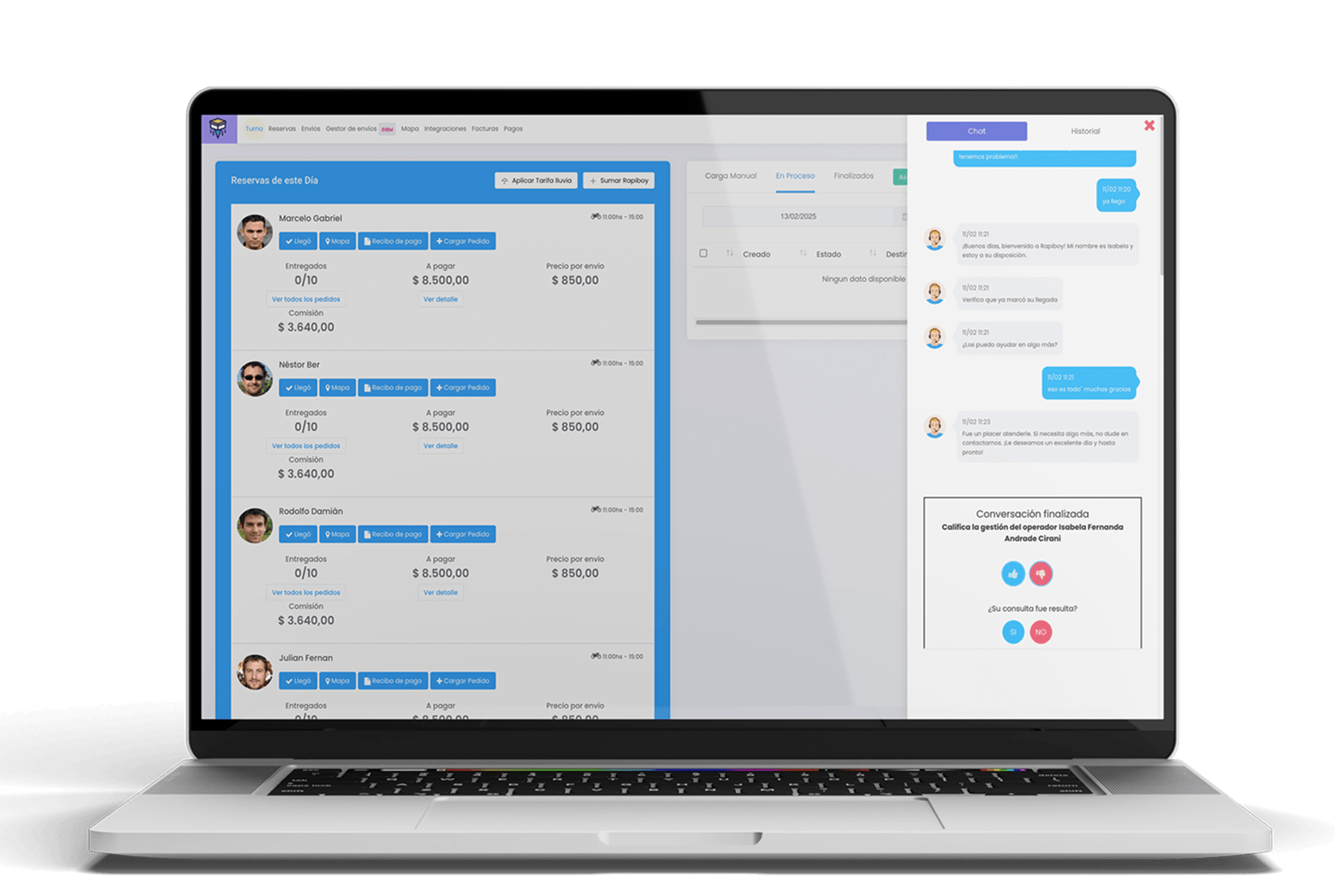 Plataforma de gestión de Rapiboy en una laptop